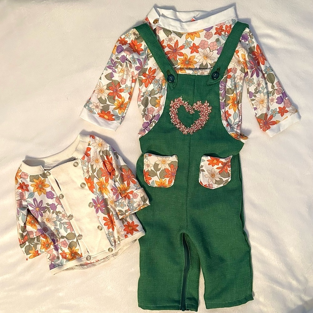 Handmade OOAK 3pc Set Green Overalls Retro Floral Shirt &Cardigan 3-6M baby girl